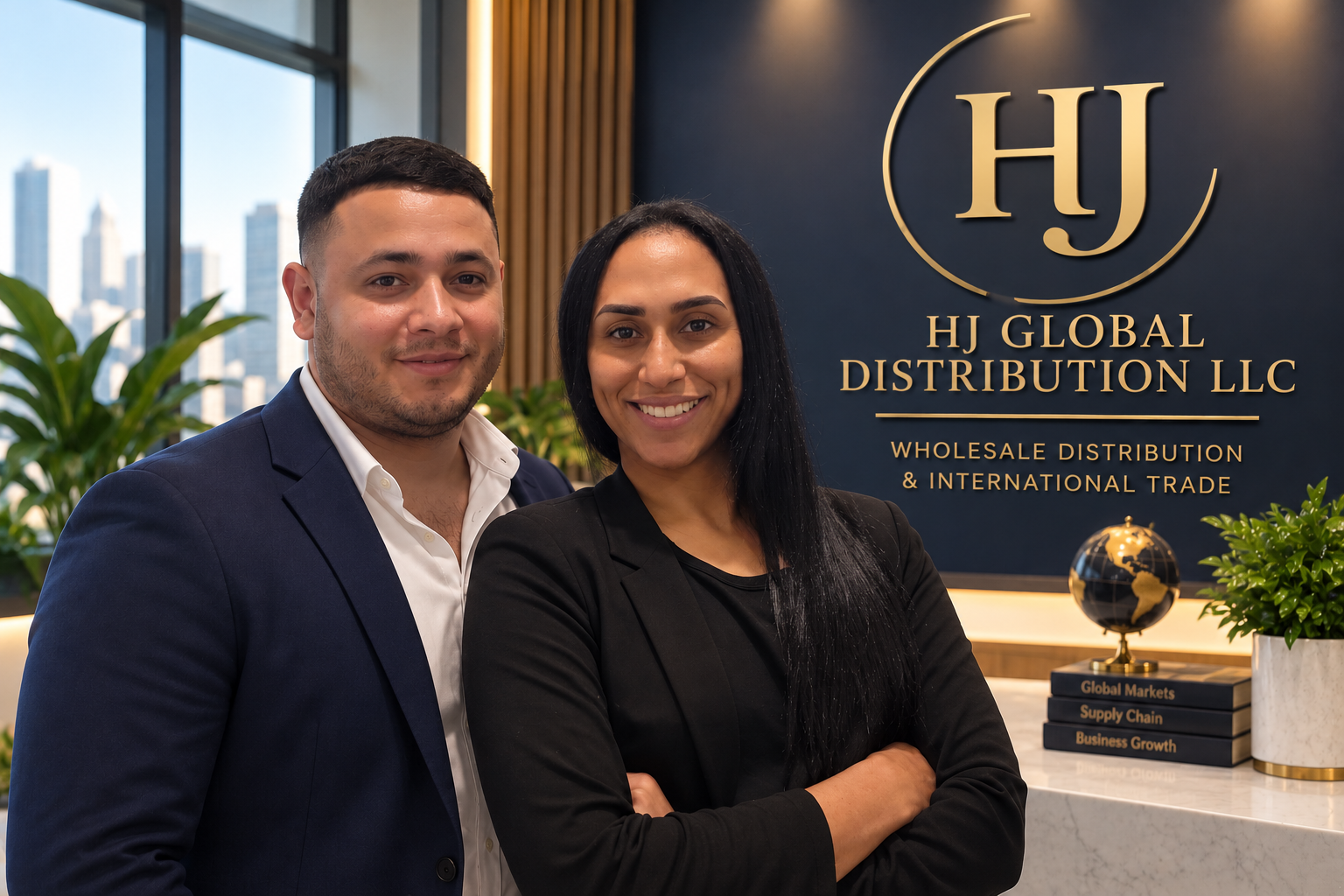 AI-assisted portrait based on a photograph of Hernán and Jennifer, co-founders of HJ Global Distribution LLC